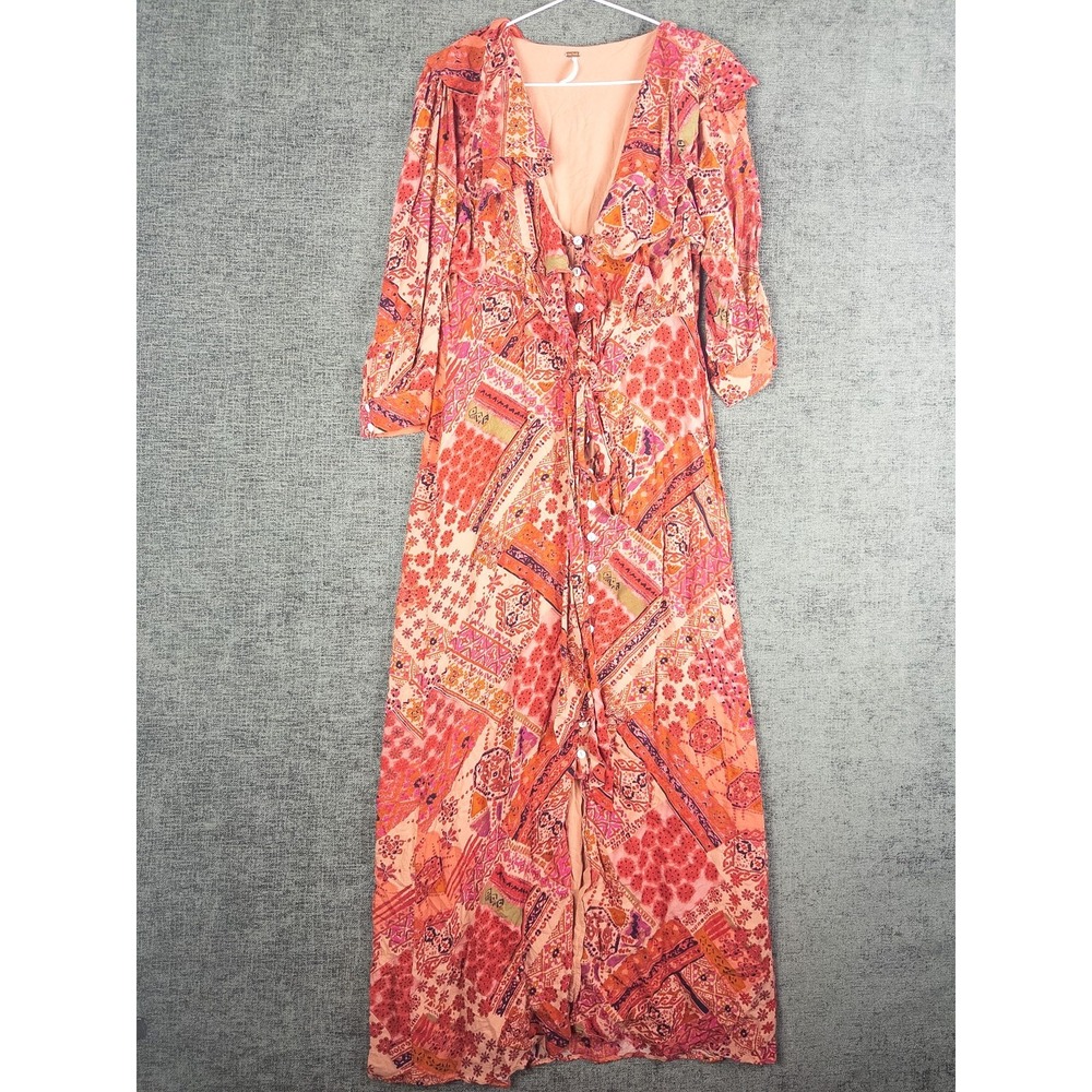Free People Ruffled Button Down Maxi Dress Womens M Peach Patchwork Boho Festiva